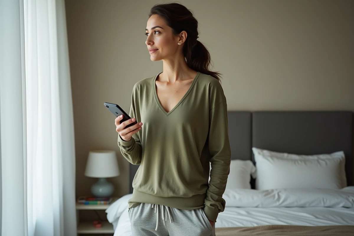Femme pensive debout près d'une fenêtre tenant son téléphone, réfléchissant à comment réagir face à l'indifférence de son partenaire