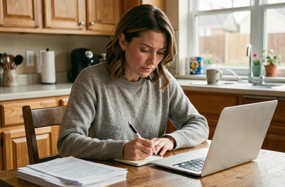 Femme consultant des formulaires d'adoption sur son ordinateur portable à la maison