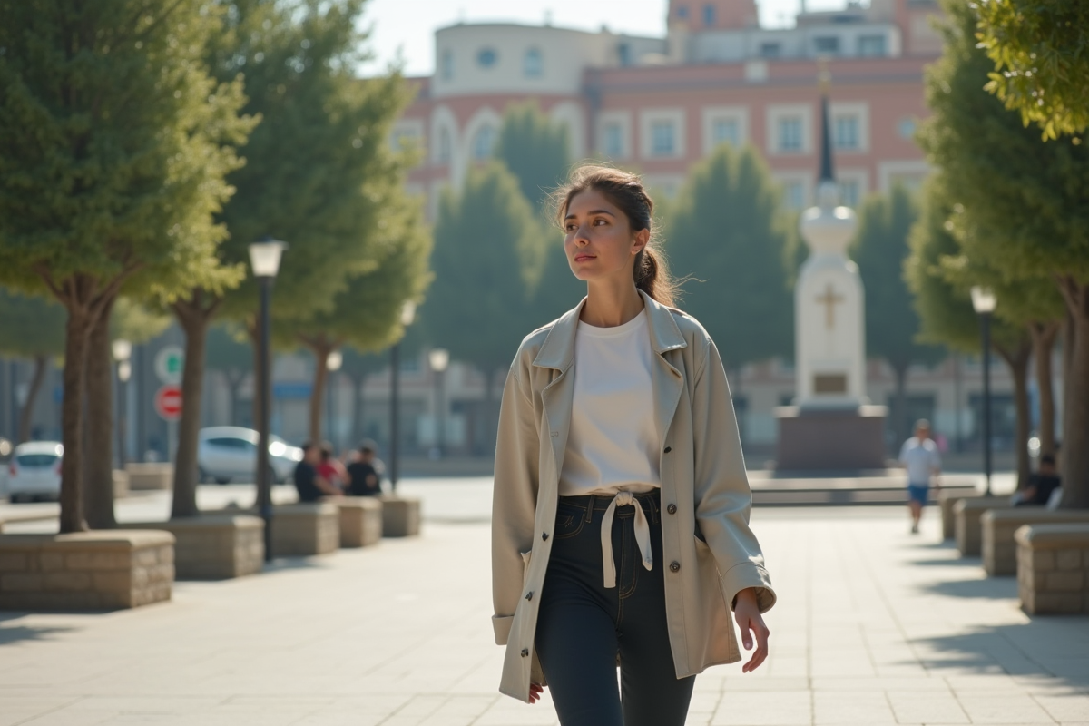 Jeune femme contemplant symboles religieux en plein air