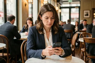 Femme lisant des rumeurs sur son téléphone dans un café parisien, expression sceptique et pensive
