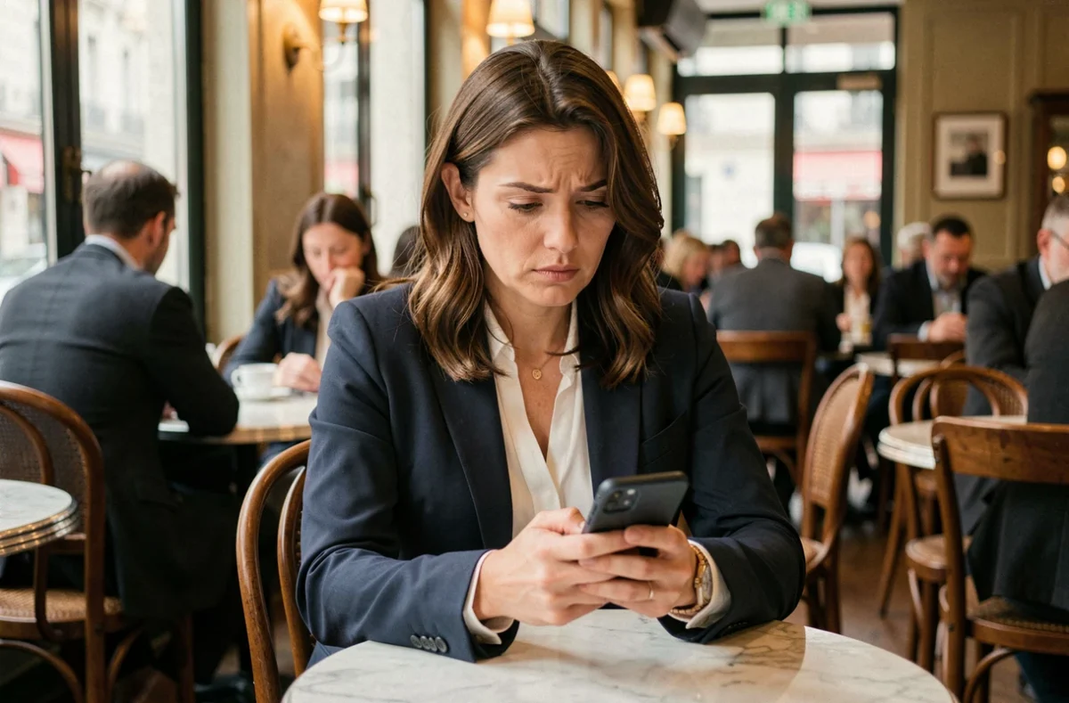 Femme lisant des rumeurs sur son téléphone dans un café parisien, expression sceptique et pensive