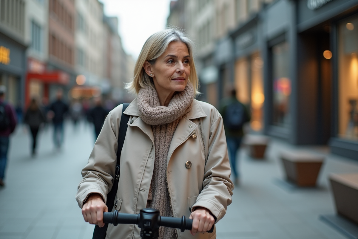 Femme responsable avec scooter dans une place urbaine animée