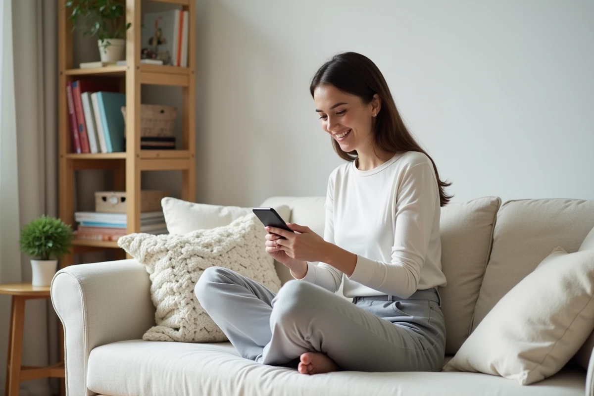 Femme souriante consultant les résultats d'un simulateur amoureux sur son smartphone dans un salon minimaliste