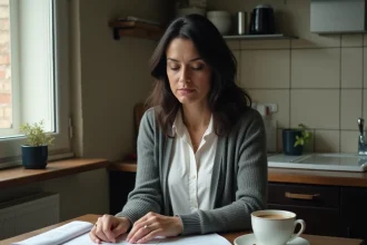 Femme seule face à des documents de divorce dans une cuisine parisienne, alliance posée sur la table