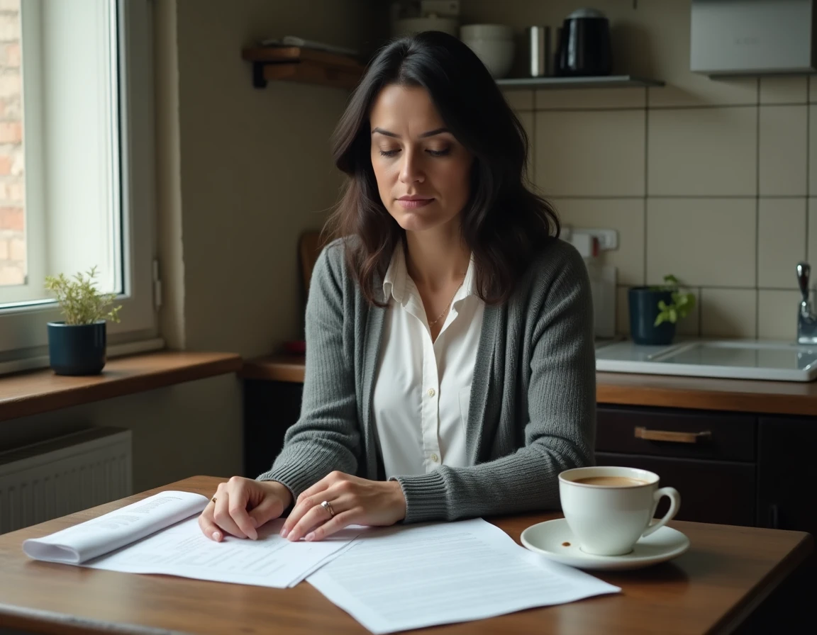 Femme seule face à des documents de divorce dans une cuisine parisienne, alliance posée sur la table