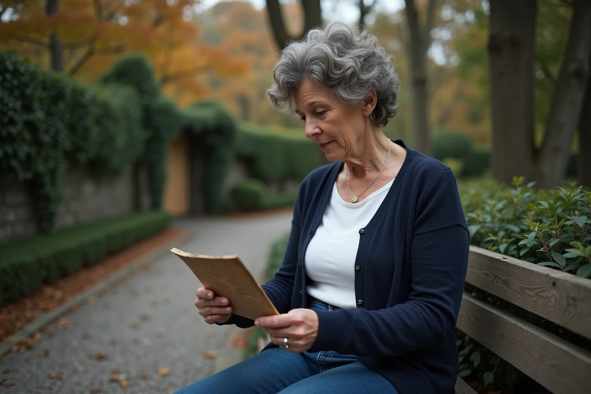 Femme mature assise seule dans un jardin automnal, tenant une vieille photographie, symbole du rôle unique de Ronnie Turner au sein de sa fratrie