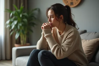 Femme assise seule sur un canapé l'air pensif après une dispute de couple, illustrant le silence ignoré dans une relation