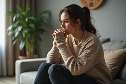 Femme assise seule sur un canapé l'air pensif après une dispute de couple, illustrant le silence ignoré dans une relation