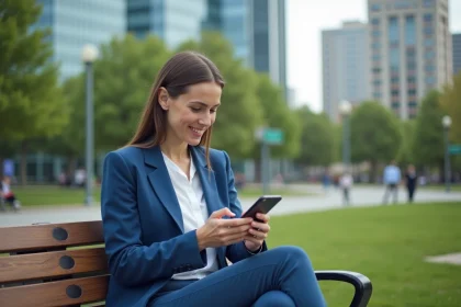 Femme souriante utilisant une application médicale sur smartphone dans un parc urbain