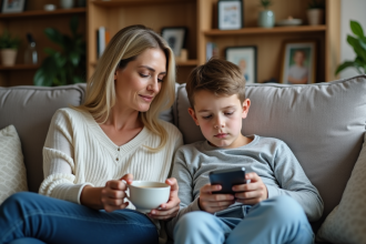 Femme et adolescent discutent dans le salon familial