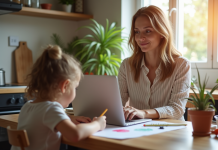 Jeune femme travaillant sur son ordinateur à la maison avec son enfant