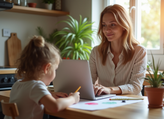 Jeune femme travaillant sur son ordinateur à la maison avec son enfant