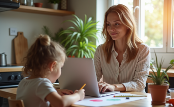 Jeune femme travaillant sur son ordinateur à la maison avec son enfant