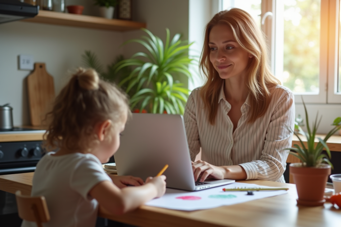 Jeune femme travaillant sur son ordinateur à la maison avec son enfant