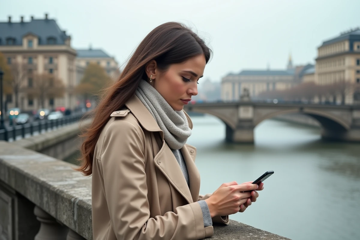 Femme en trench regardant son téléphone dans la ville