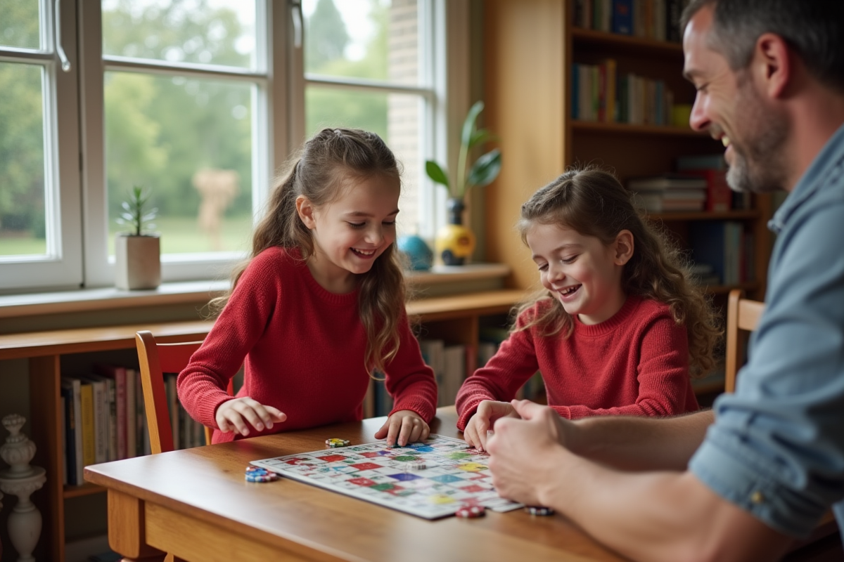 Fille de 8 ans jouant à un jeu de société avec son père