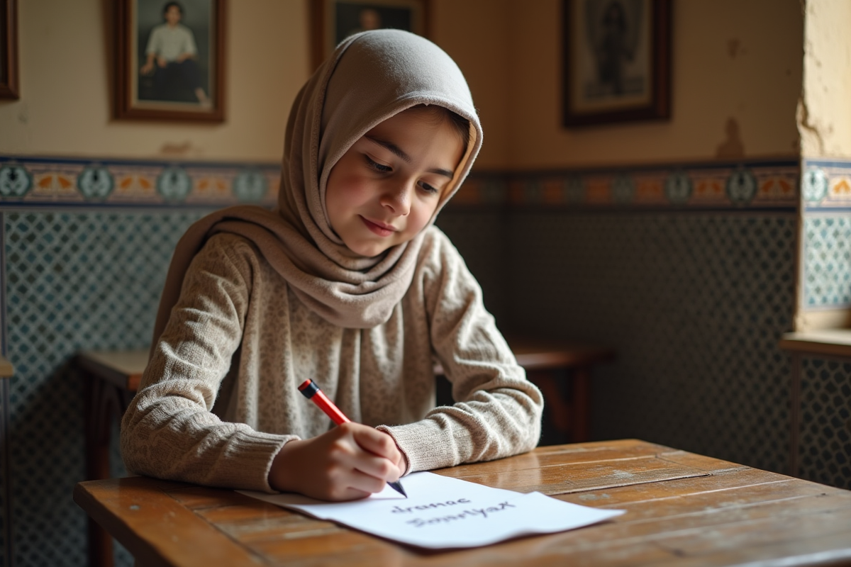Jeune fille marocaine écrivant son nom sur du papier dans un intérieur traditionnel