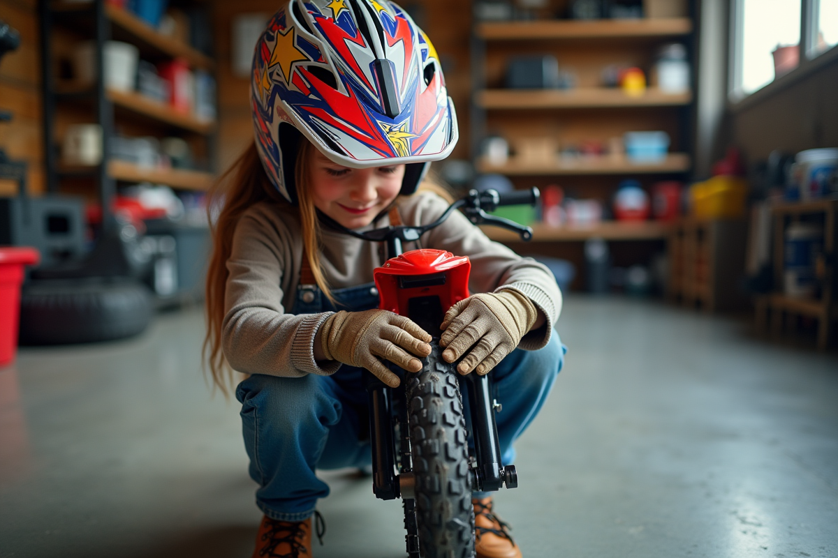 Fille ajustant la roue arrière de son moto enfant en garage