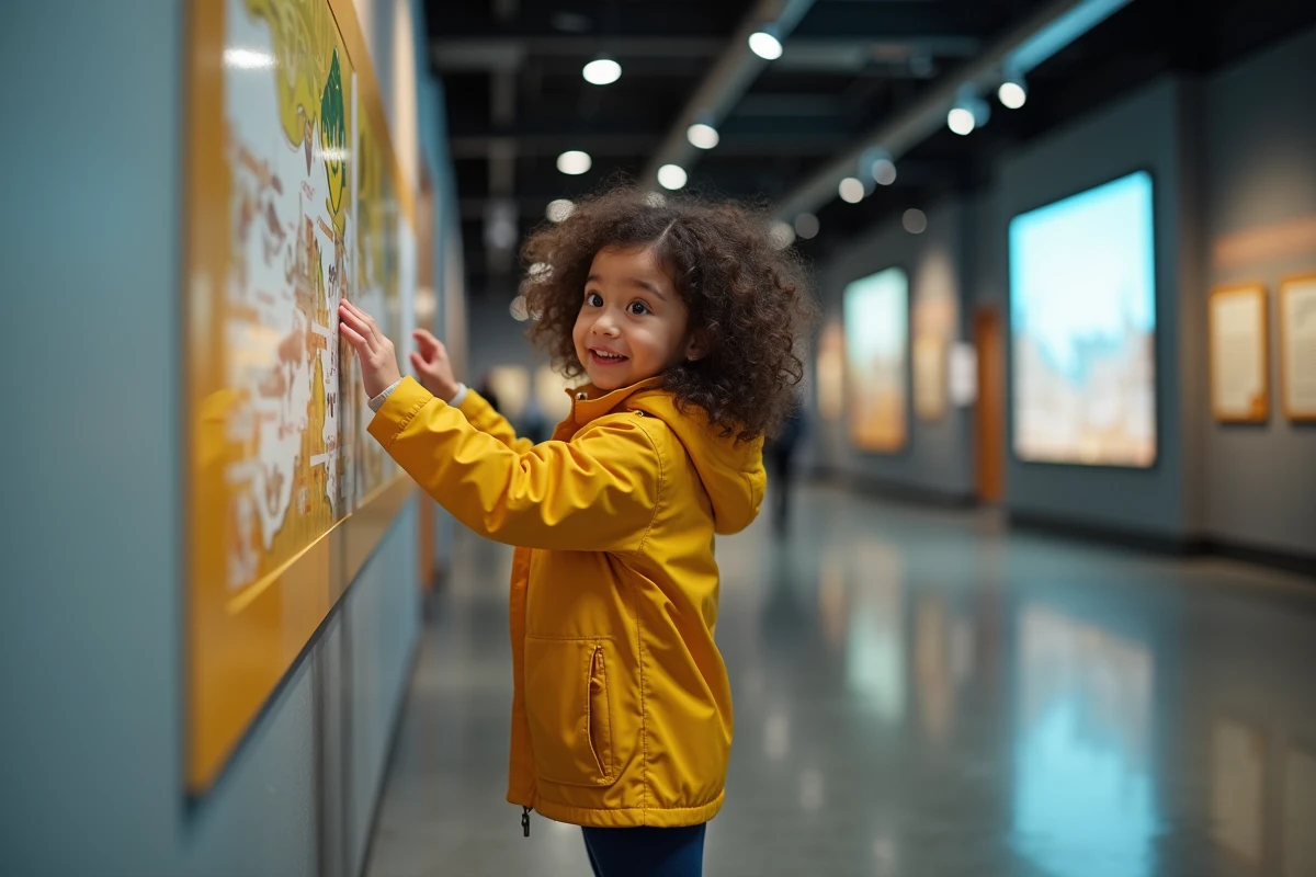 Fillette de 9 ans explorant une exposition interactive dans un musée parisien accessible aux enfants à petit prix