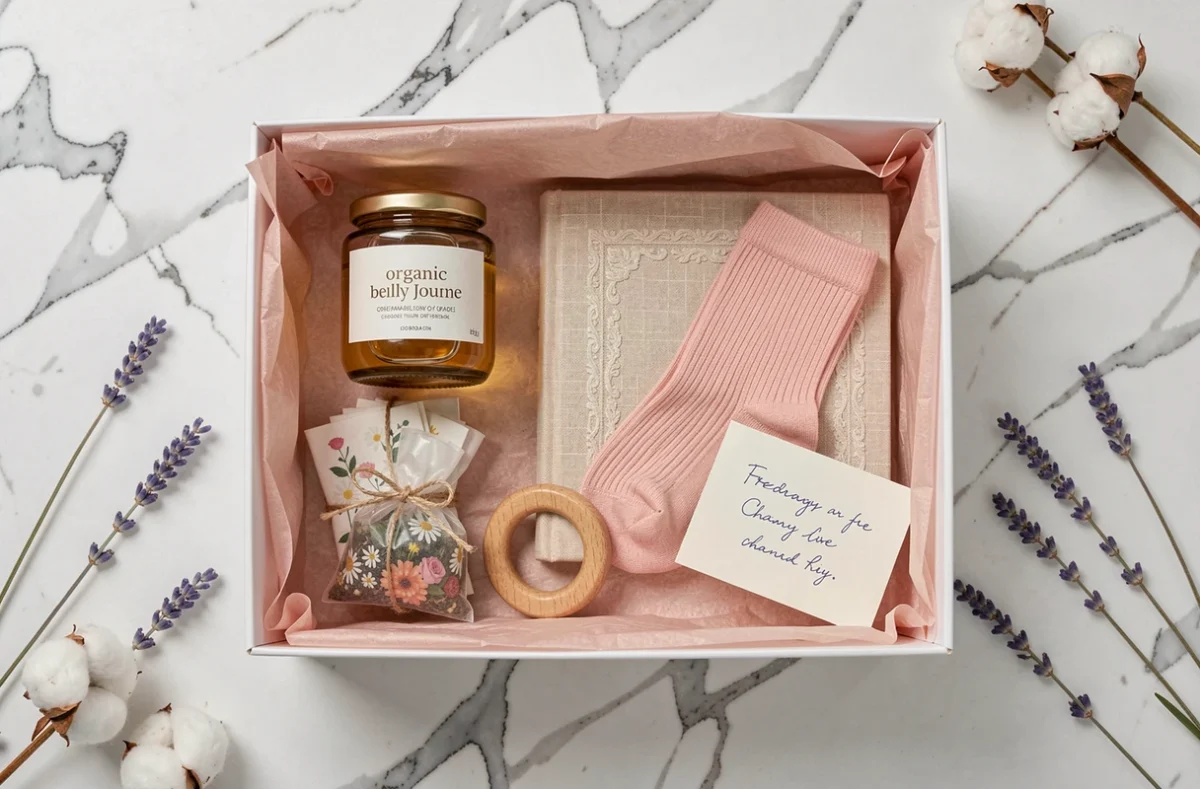Flat lay d'un coffret cadeau pour femme enceinte avec huile ventre, journal de grossesse, tisanes et chaussettes maternité sur marbre blanc