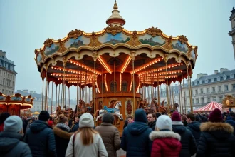 Carrousel orné et familles en tenue hivernale à la Foire aux Manèges de Lille