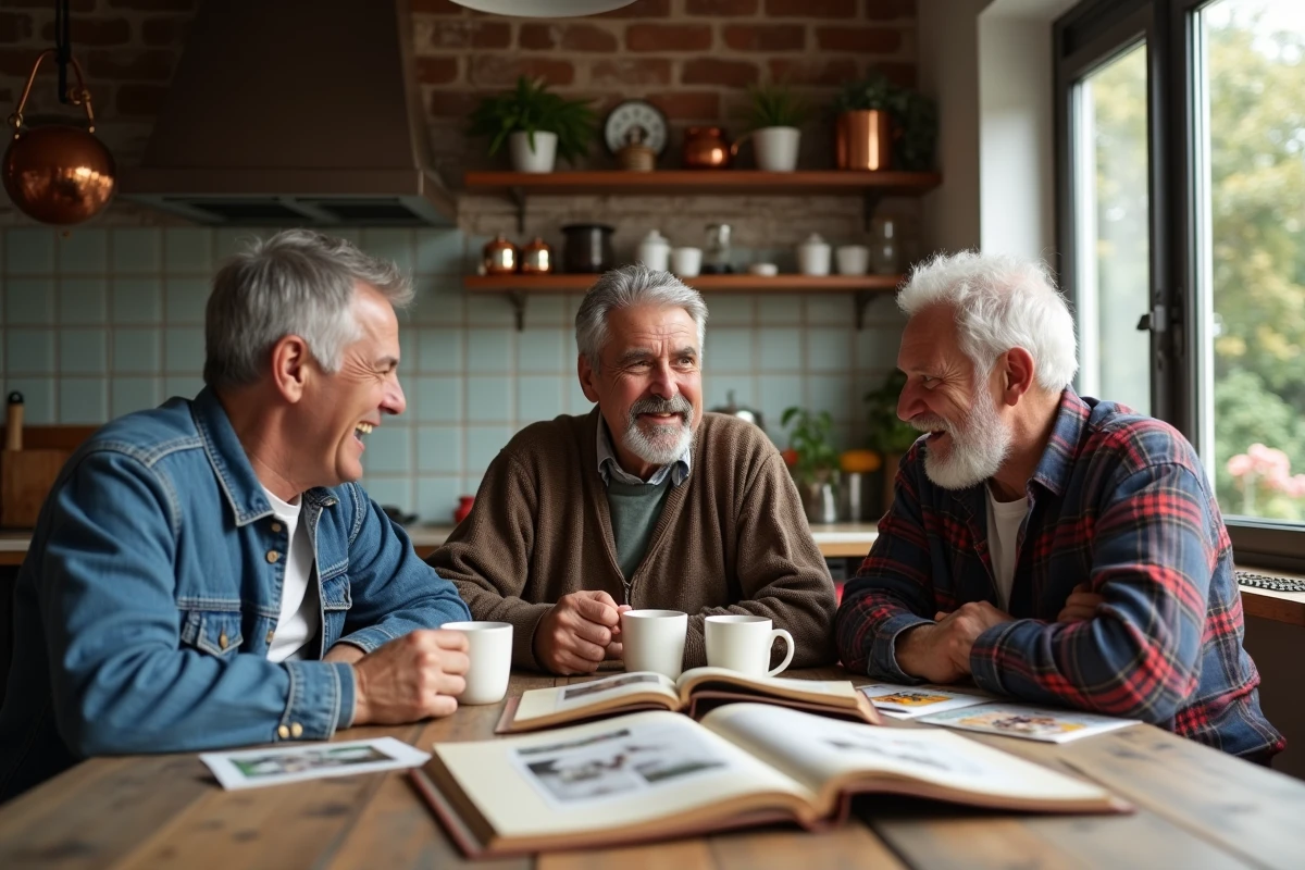 Trois frères et sœurs adultes réunis autour d'une table de cuisine, feuilletant des albums de famille et partageant des souvenirs communs