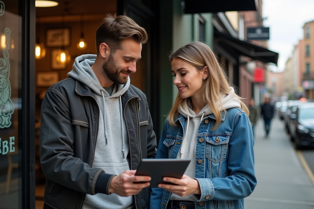 Freres et soeurs discutant tatouages devant un studio en ville