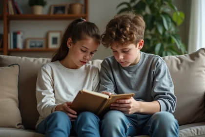 Freres et soeurs regardant des esquisses de tatouage dans un salon cosy