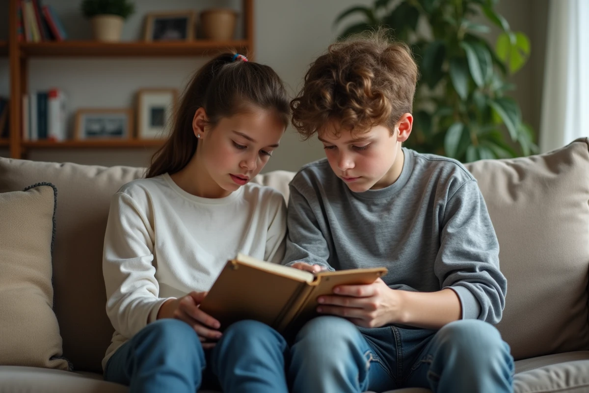 Freres et soeurs regardant des esquisses de tatouage dans un salon cosy