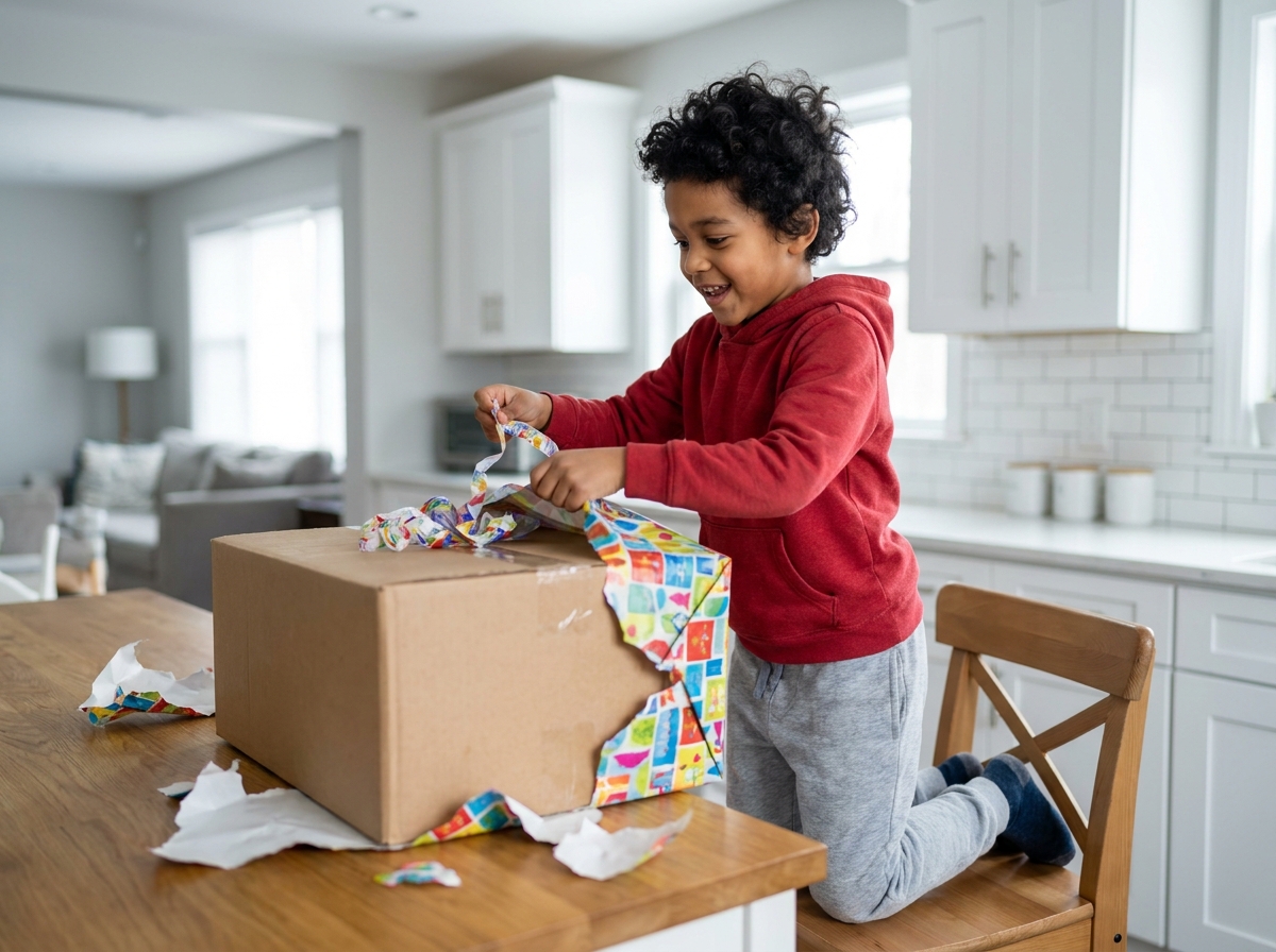 Garçon de 7 ans souriant en train d'ouvrir un cadeau emballé sur une table de cuisine familiale