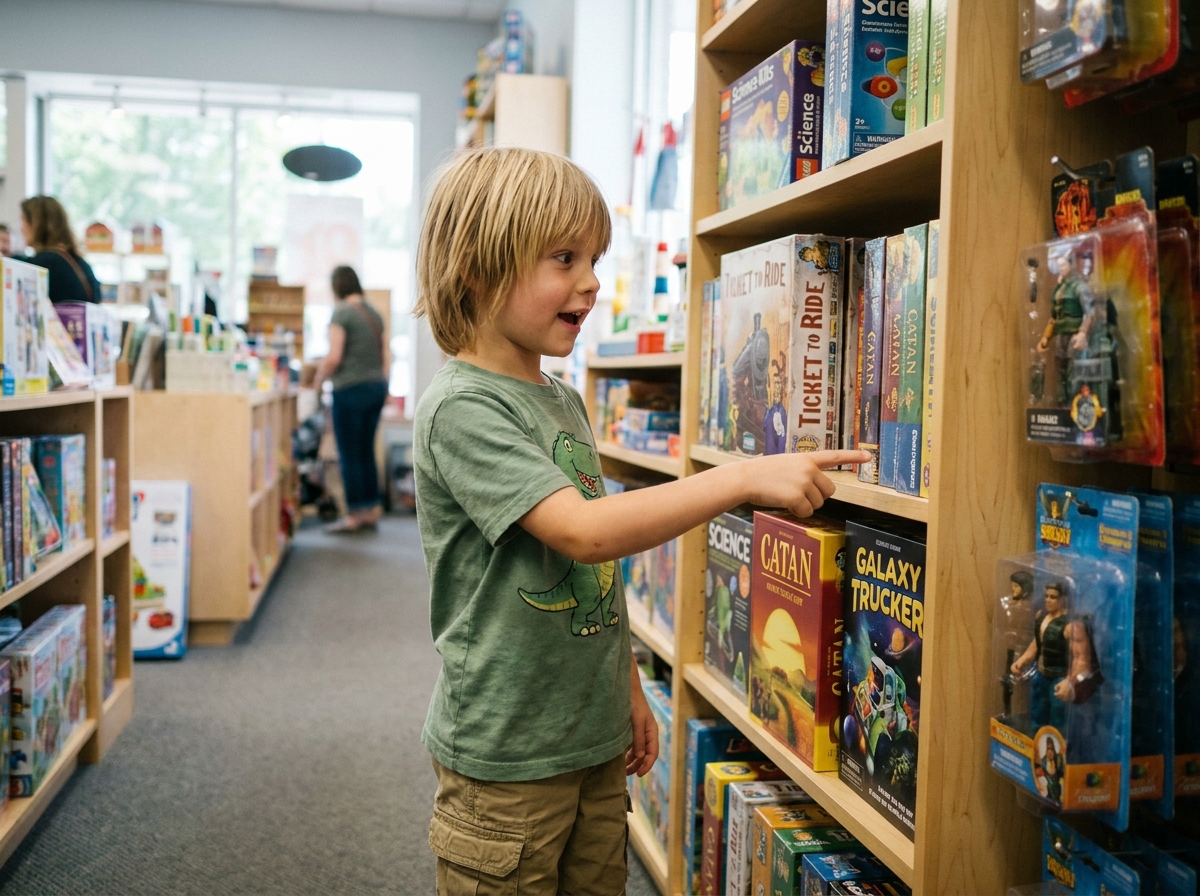 Garçon de 7 ans dans un magasin de jouets regardant des jeux de société et des kits scientifiques