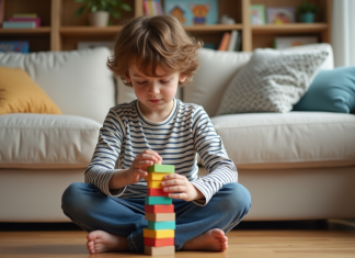 Garçon de 7 ans : ce à quoi s’attendre en grandissant Garçon de 7 ans construit une tour de blocs colorés