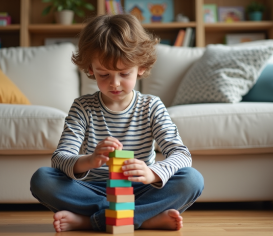 Garçon de 7 ans : ce à quoi s’attendre en grandissant Garçon de 7 ans construit une tour de blocs colorés