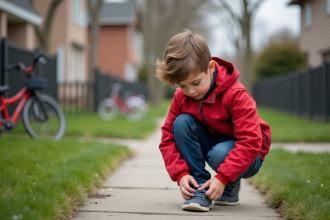 Garçon de 7 ans en veste rouge qui attache ses chaussures