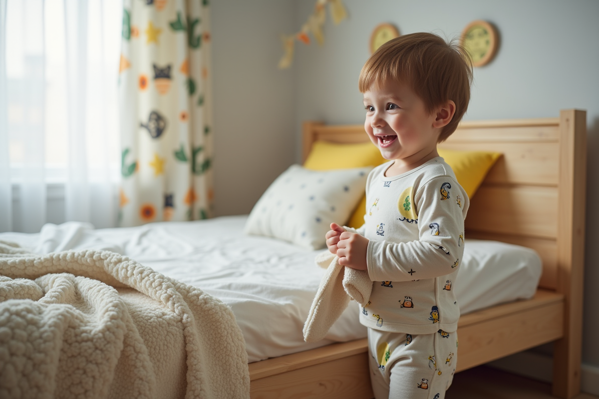 Garcon souriant avec pyjama animal dans sa chambre cosy