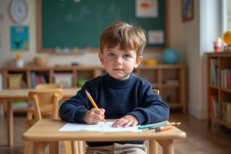Jeune garçon français dessinant avec des crayons de couleur en classe