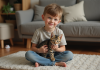 Âge idéal premier animal de compagnie : conseils pour choisir le bon moment ! Garçon souriant de 8 ans tenant un chaton dans un salon
