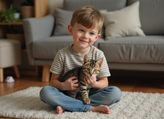 Garçon souriant de 8 ans tenant un chaton dans un salon