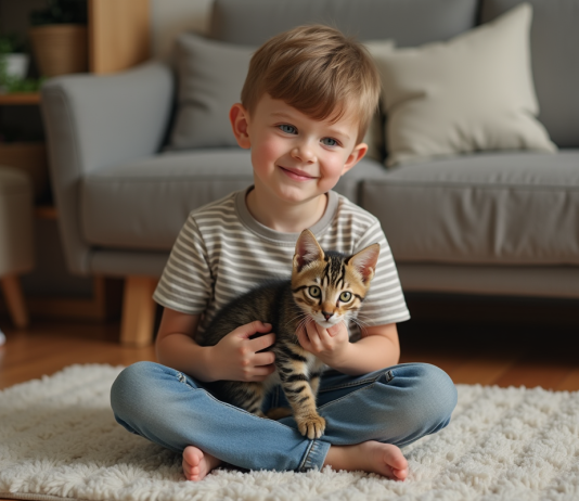 Garçon souriant de 8 ans tenant un chaton dans un salon