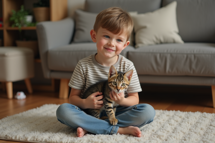 garcon-enfant-chaton-cozy Garçon souriant de 8 ans tenant un chaton dans un salon