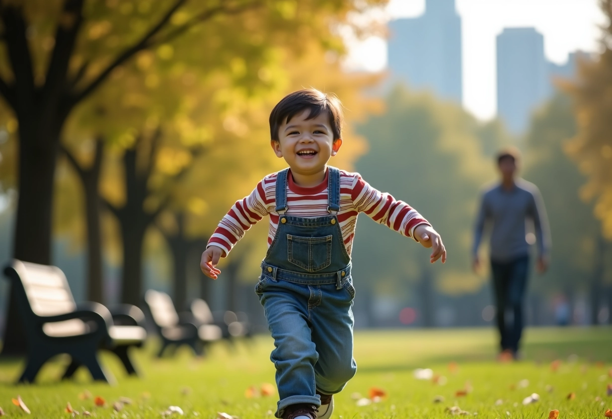 Jeune garçon courant vers son père dans un parc urbain ensoleille