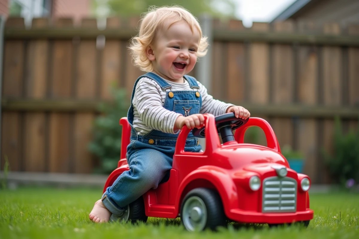 Garçon de trois ans en salopette à rayures jouant avec un camion de pompier rouge dans le jardin