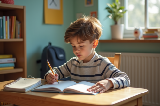 Jeune garçon concentré à son bureau dans sa chambre lumineuse