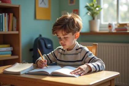 Jeune garçon concentré à son bureau dans sa chambre lumineuse