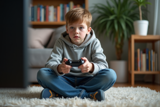 Adolescent jouant à un jeu vidéo dans un salon familial