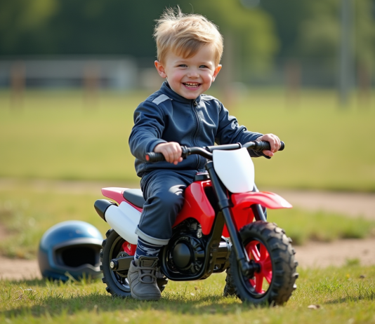 Prix Piwi : pourquoi investir dans une moto pour enfant ? Garçon souriant en motocross dans un champ extérieur