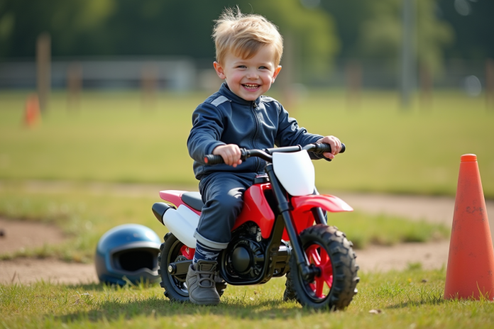 Garçon souriant en motocross dans un champ extérieur