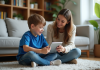 Limiter le temps d’écran d’un enfant : astuces et conseils efficaces Garçon de 7 ans avec sa mère dans un salon chaleureux
