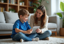 Limiter le temps d’écran d’un enfant : astuces et conseils efficaces Garçon de 7 ans avec sa mère dans un salon chaleureux