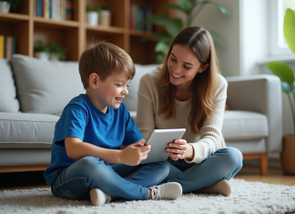 Limiter le temps d’écran d’un enfant : astuces et conseils efficaces Garçon de 7 ans avec sa mère dans un salon chaleureux